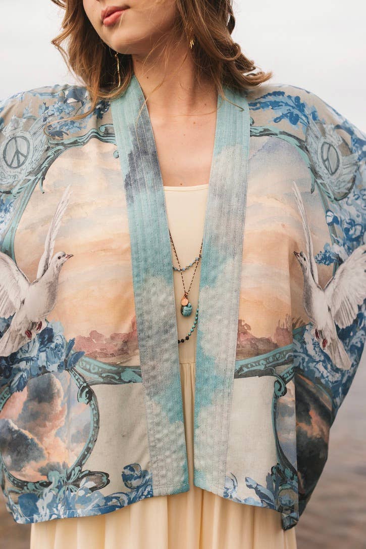 Kimono |Peace Out Cropped |Kimono Pixie Duster with Doves and Sunrise