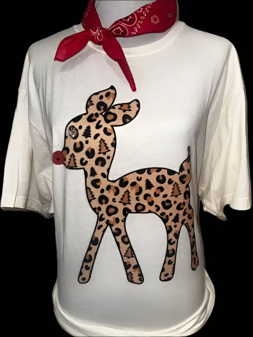 Ladies Tee | Leopard Print Rudolph | Holiday