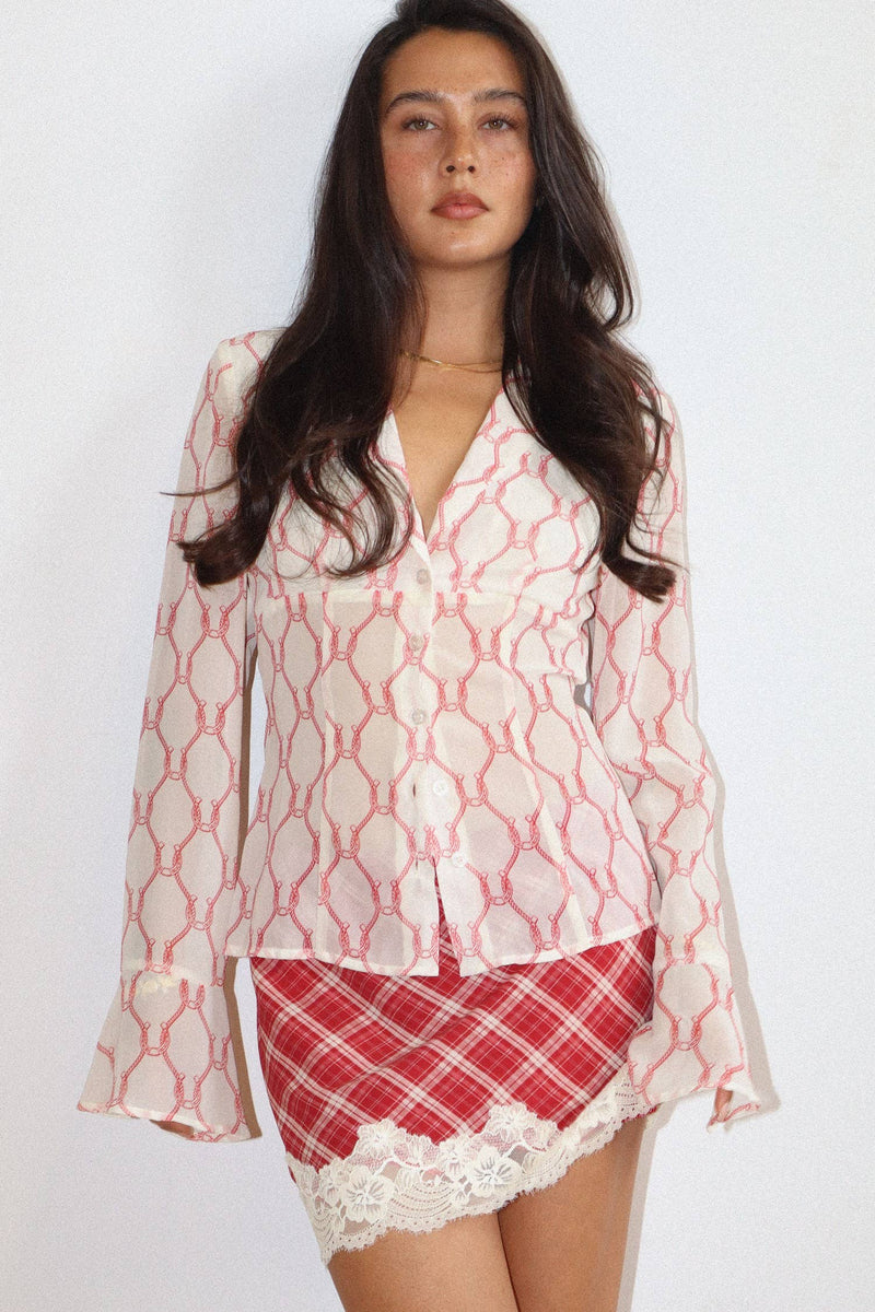 Blouse| Horseshoe Print |Sheer Button Down Blouse