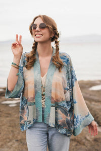Kimono |Peace Out Cropped |Kimono Pixie Duster with Doves and Sunrise