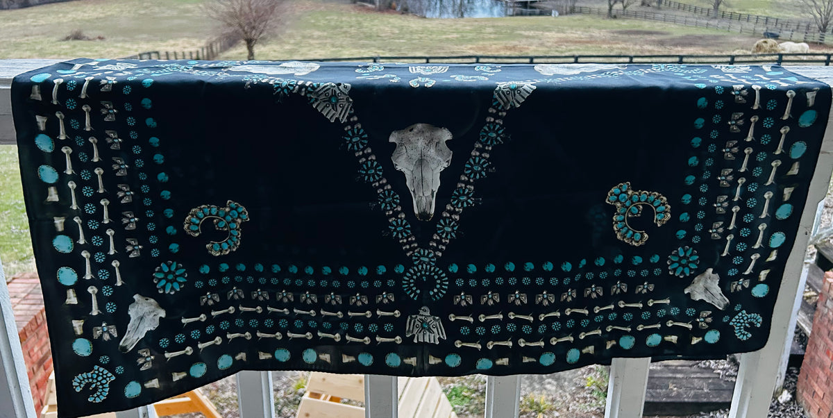 Silk Scarf | squash blossom| black, and turquoise