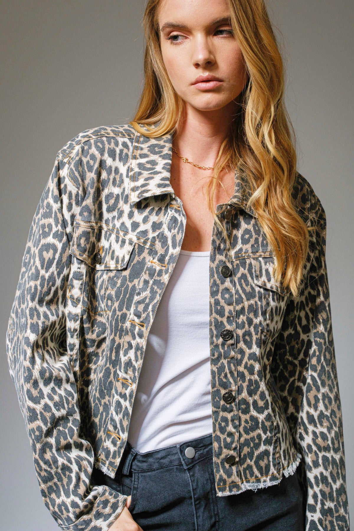 Leopard Button Up Denim Trucker Jacket