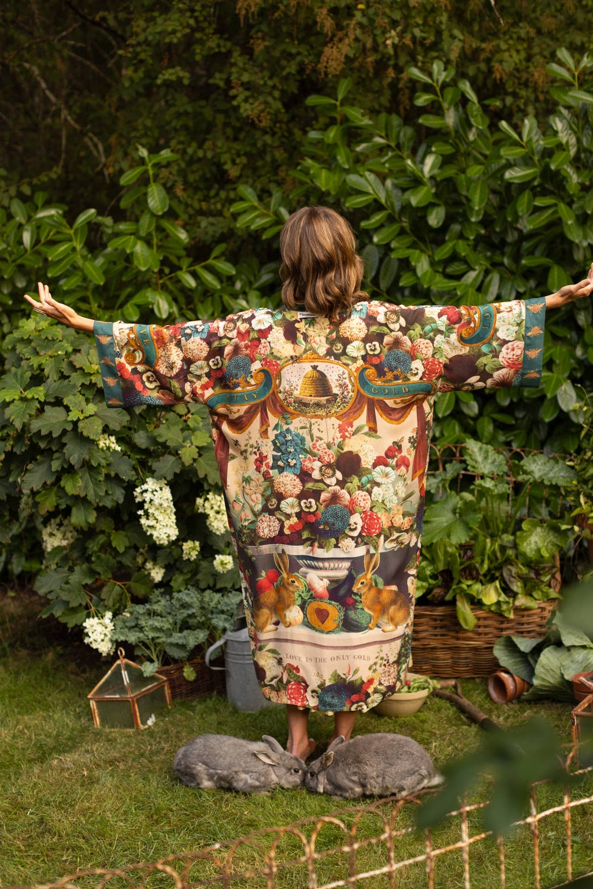 Kimono |Market of Stars| Stay Gold Opera Duster Kimono Robe w/ Rabbits Flowers & Bees