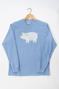 Spring Patchwork Pig Blue Graphic Long Sleeve