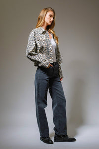 Leopard Button Up Denim Trucker Jacket