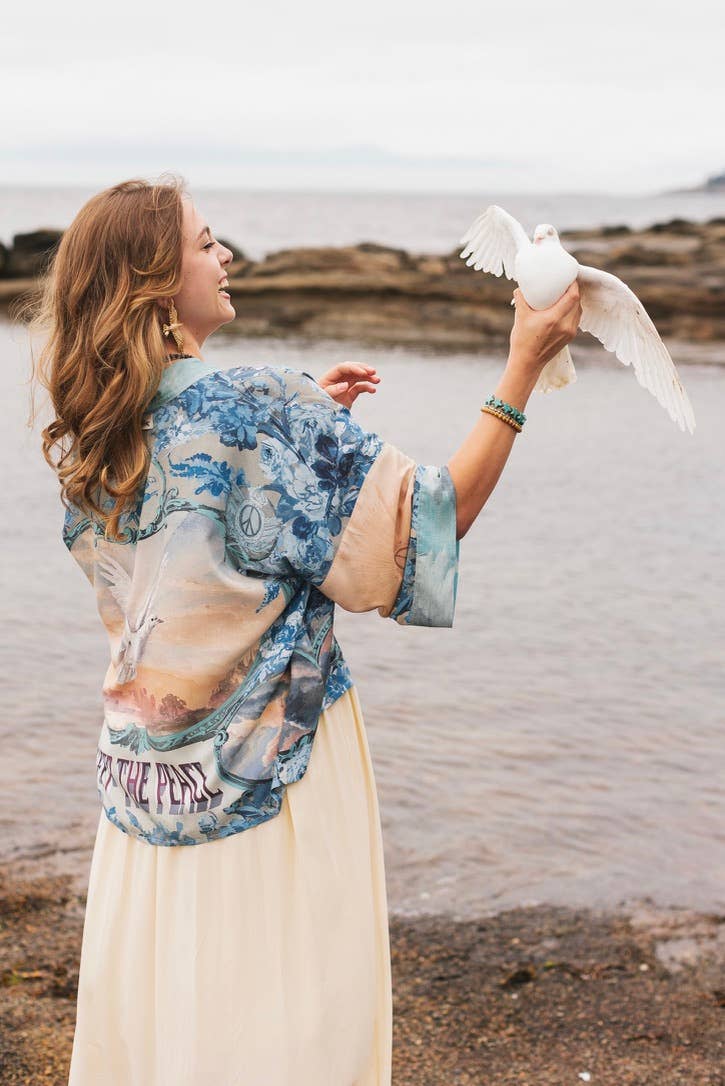 Kimono |Peace Out Cropped |Kimono Pixie Duster with Doves and Sunrise