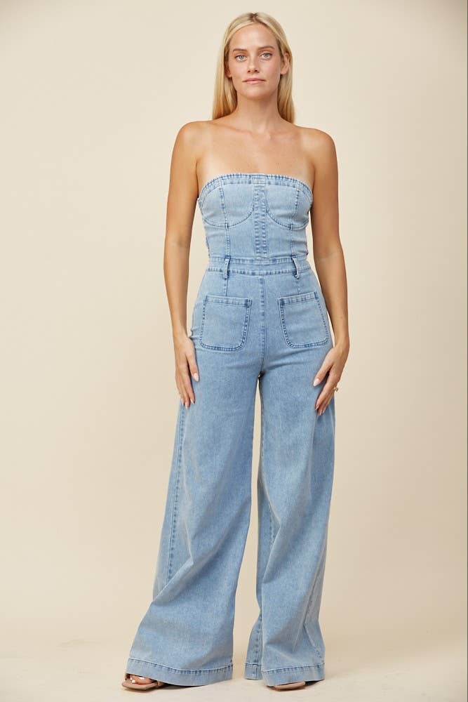 Ladies Strapless | Light Denim | Wide Leg Jumpsuit