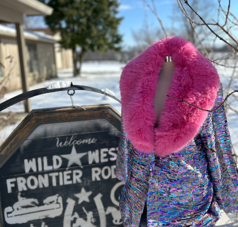 Ladies Blazer | sequins & Faux Fur| Bubble Gum pink