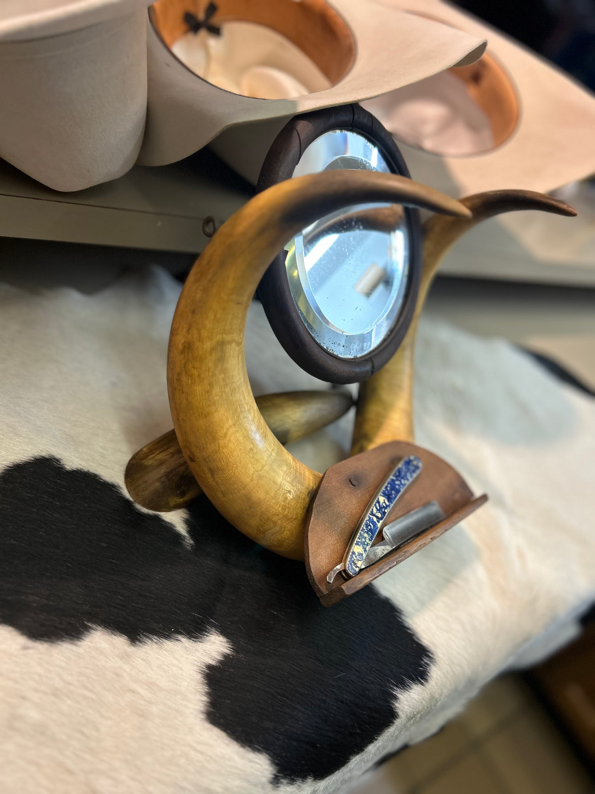Western Antique |Shaving Mirror| Horns| Bison