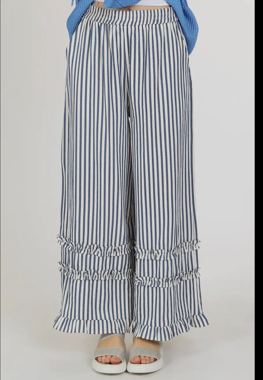 Ladies | Stripe | Blue and White | Ruffle | Pants