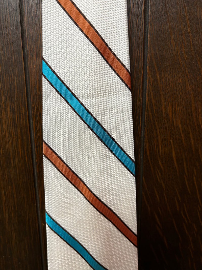 Vintage white tie with turquoise and copper stripe tailored elegance by Fox Hill ￼