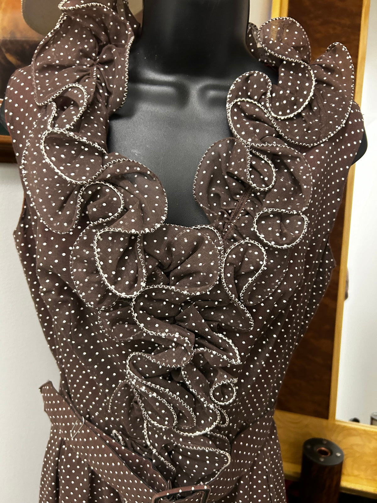 Ladies Dress|Vintage |Brown pin dot ruffle