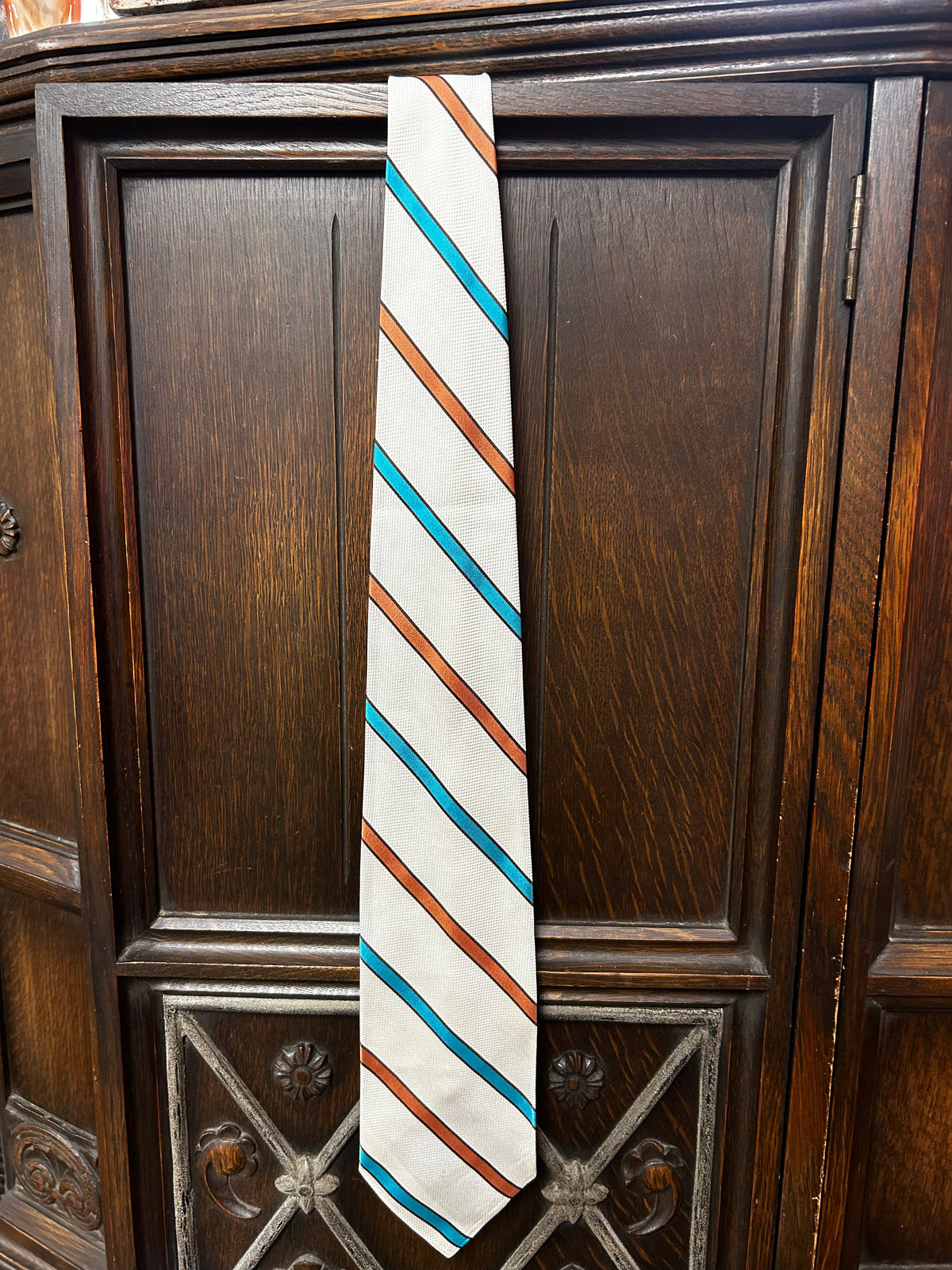 Vintage white tie with turquoise and copper stripe tailored elegance by Fox Hill ￼