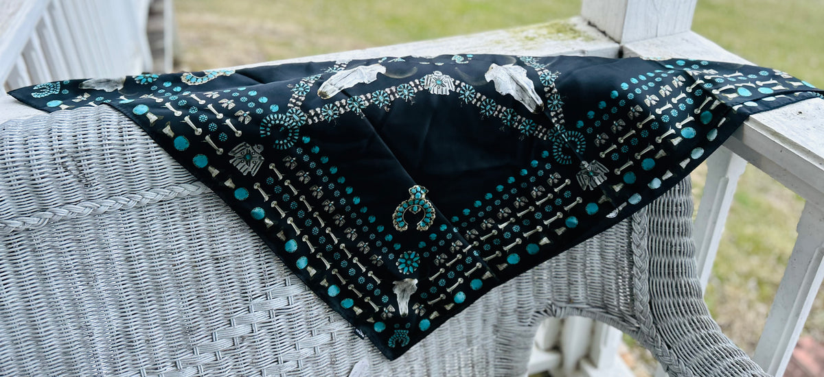 Silk Scarf | squash blossom| black, and turquoise