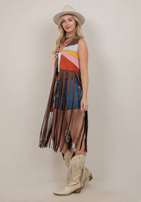Vest| CHOCOLATE| MULTI COLOR |PATCH LONG FRINGE
