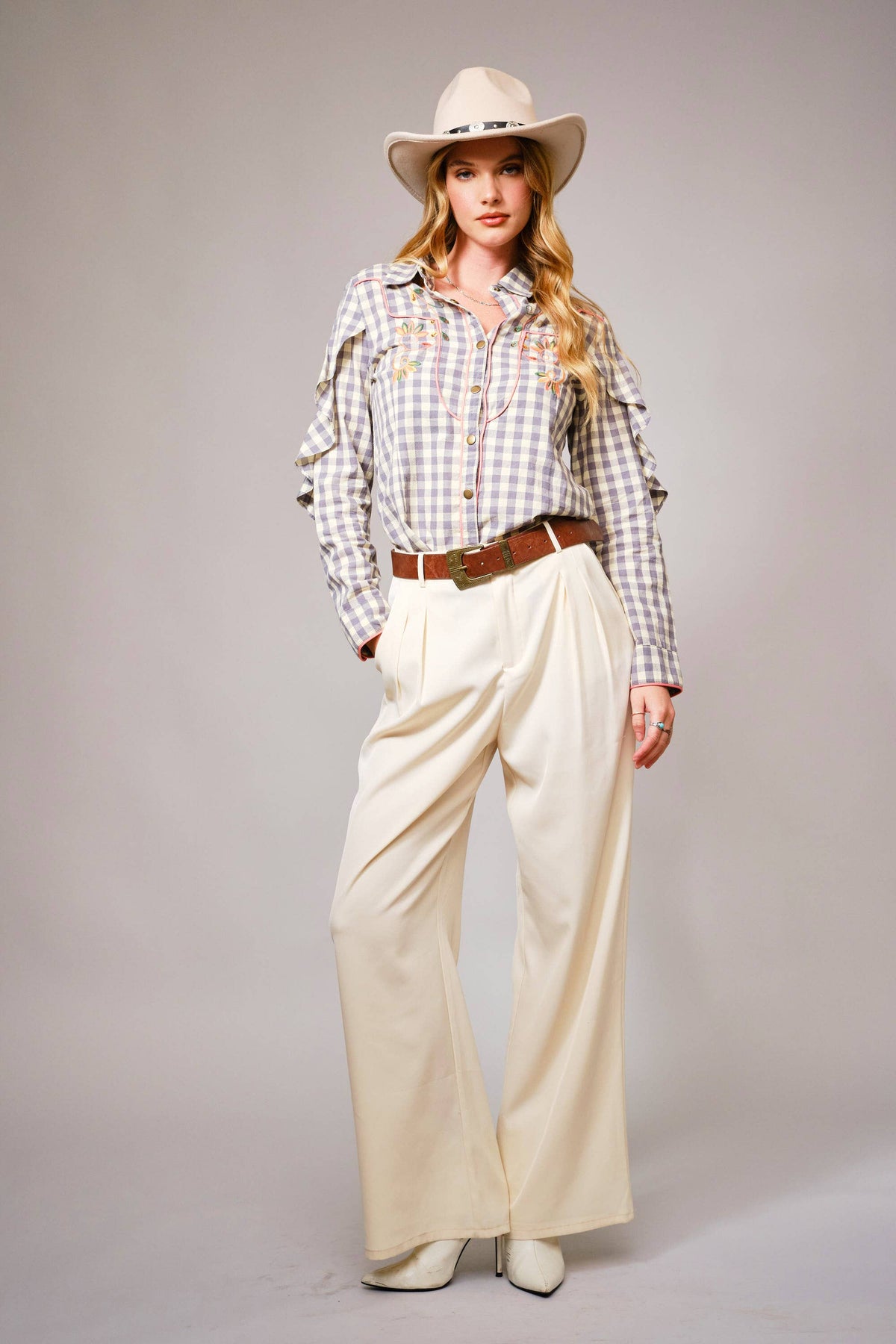 Ladies|Gingham |Embroidered |Western Snap |Blouse