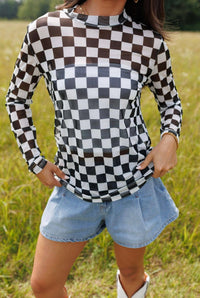 Black Checkerboard | Mesh | Mock Neck | Top