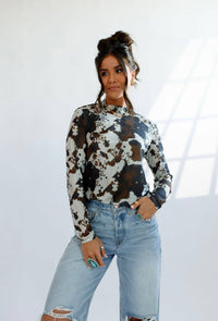 Mesh Top | Brown Cowhide |Sheer | Mock Neck |