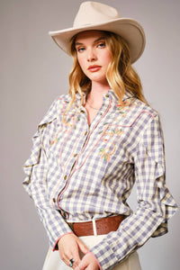 Ladies|Gingham |Embroidered |Western Snap |Blouse