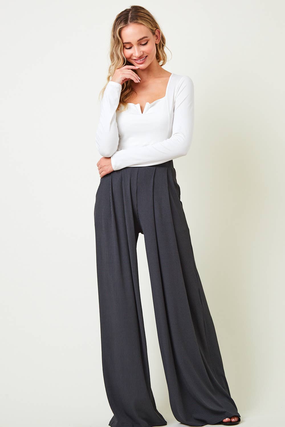 Pants| CHARCOAL |RIBBED KNIT |WIDE LEG PANTS W/ SIDE POCKETS