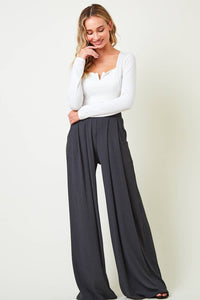 Pants| CHARCOAL |RIBBED KNIT |WIDE LEG PANTS W/ SIDE POCKETS