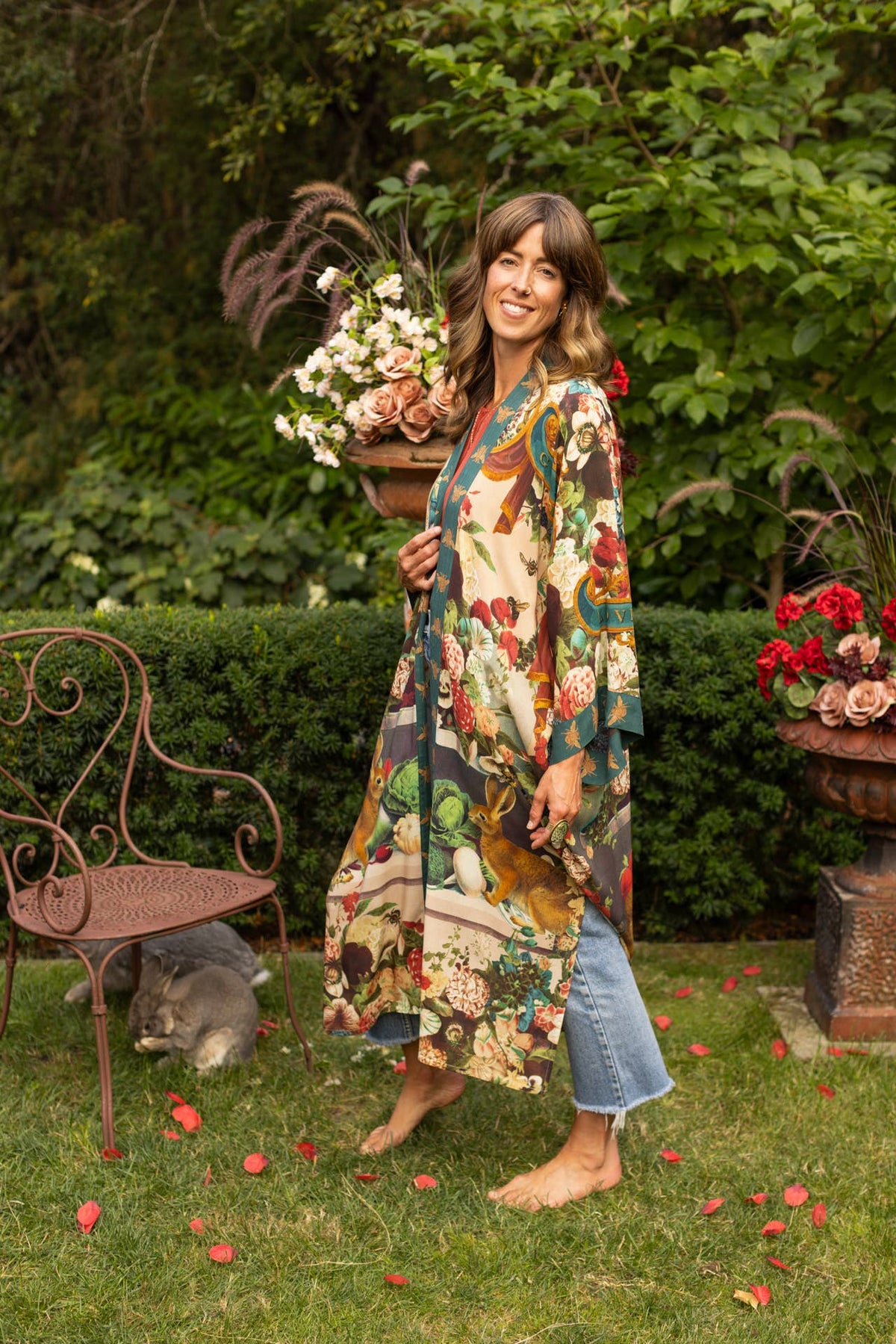 Kimono |Market of Stars| Stay Gold Opera Duster Kimono Robe w/ Rabbits Flowers & Bees