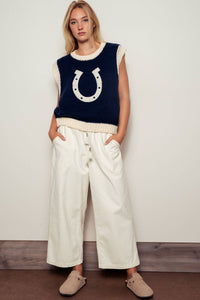 Vest| Horseshoe |Crochet Knit Ribbed Trim Sweater