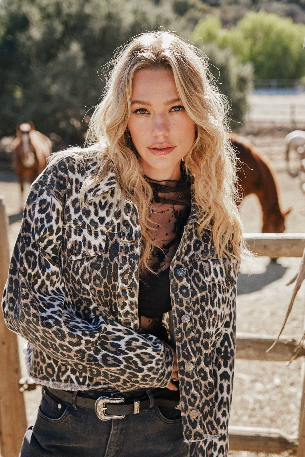 Leopard Button Up Denim Trucker Jacket