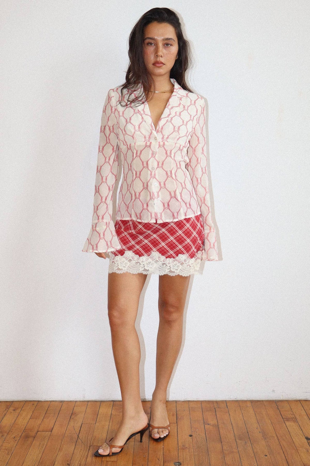 Blouse| Horseshoe Print |Sheer Button Down Blouse