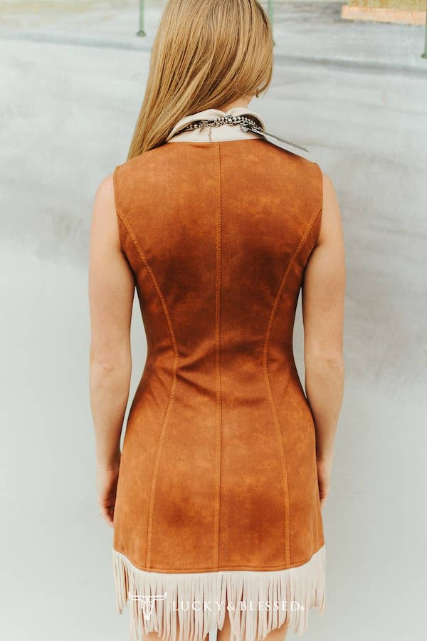 Dress- Camel W Cream |Suede |Sleeveless Fringe Hem Dress