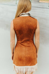 Dress- Camel W Cream |Suede |Sleeveless Fringe Hem Dress