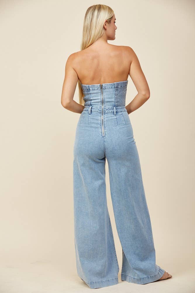 Ladies Strapless | Light Denim | Wide Leg Jumpsuit