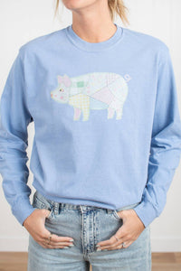 Spring Patchwork Pig Blue Graphic Long Sleeve