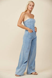 Ladies Strapless | Light Denim | Wide Leg Jumpsuit