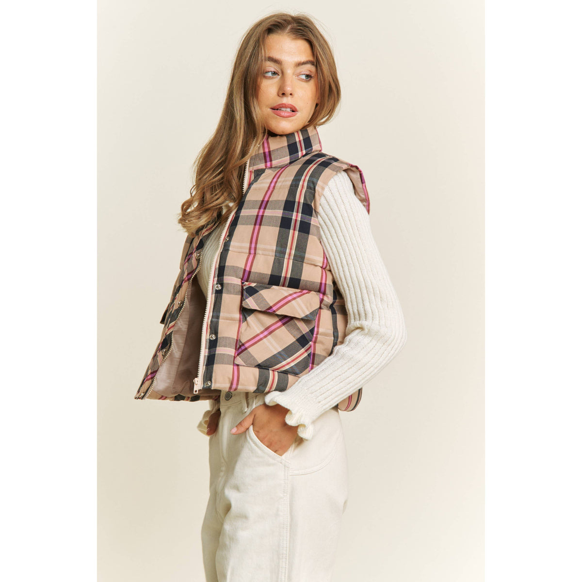 Vest | CROP| PLAID |HIGH NECK |PUFFER VEST