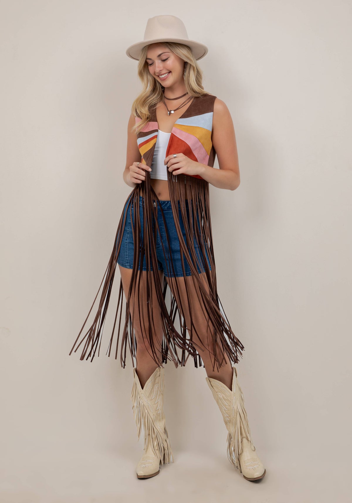 Vest| CHOCOLATE| MULTI COLOR |PATCH LONG FRINGE