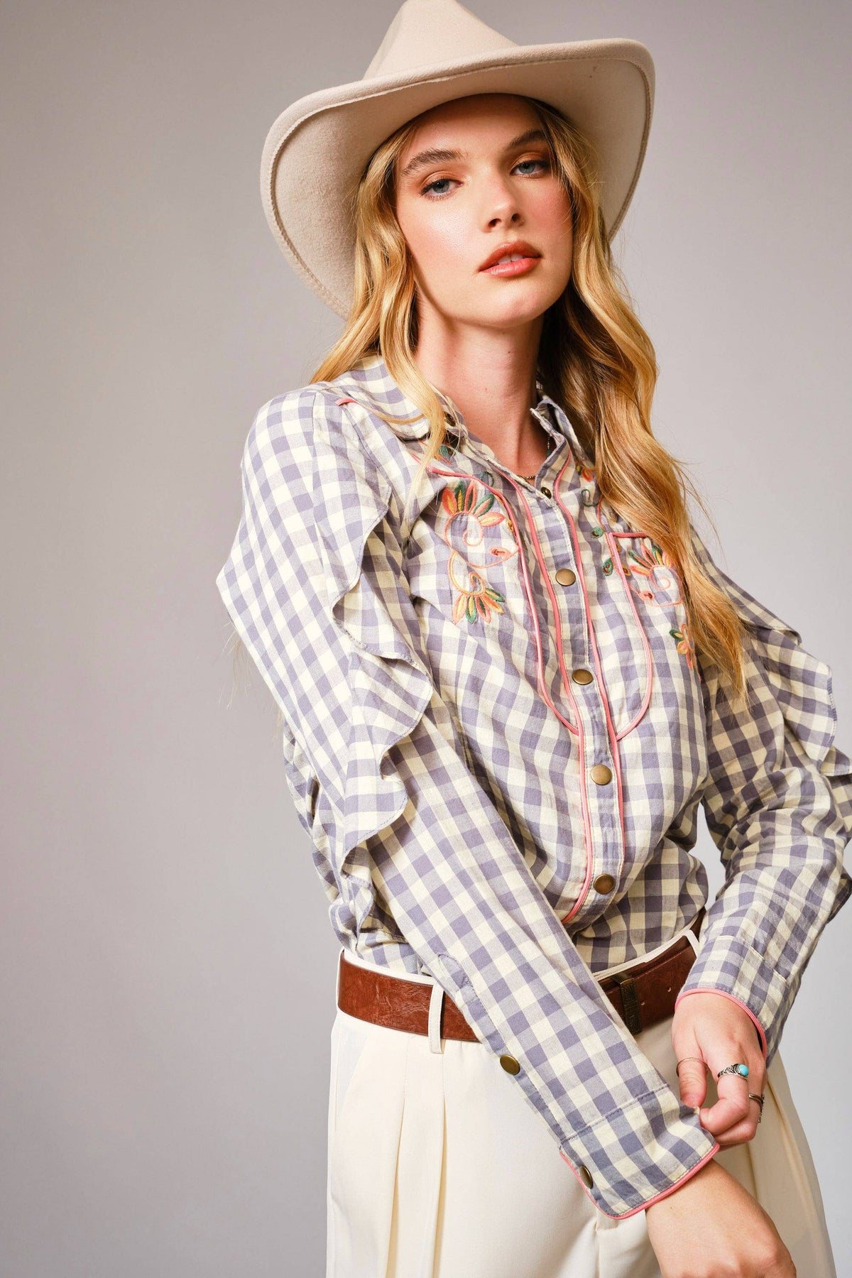 Ladies|Gingham |Embroidered |Western Snap |Blouse
