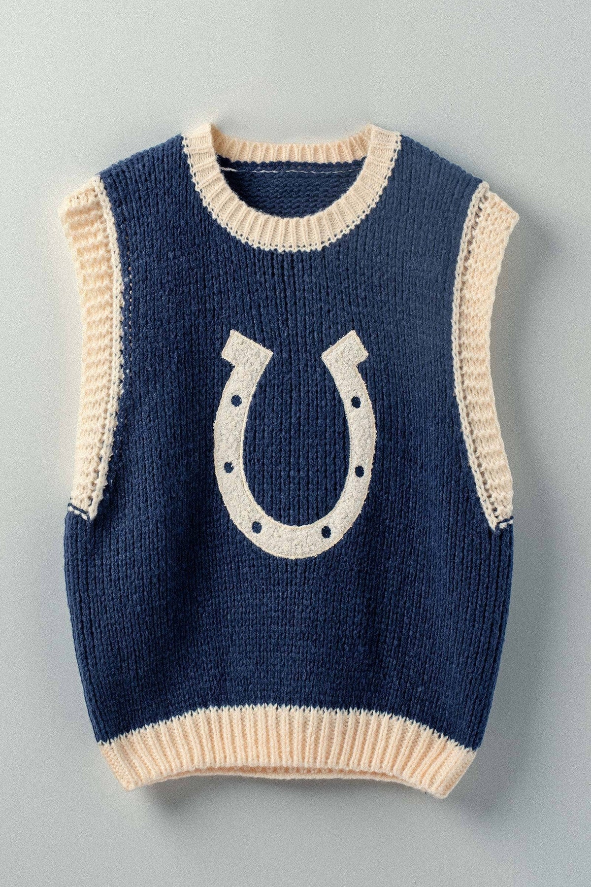 Vest| Horseshoe |Crochet Knit Ribbed Trim Sweater