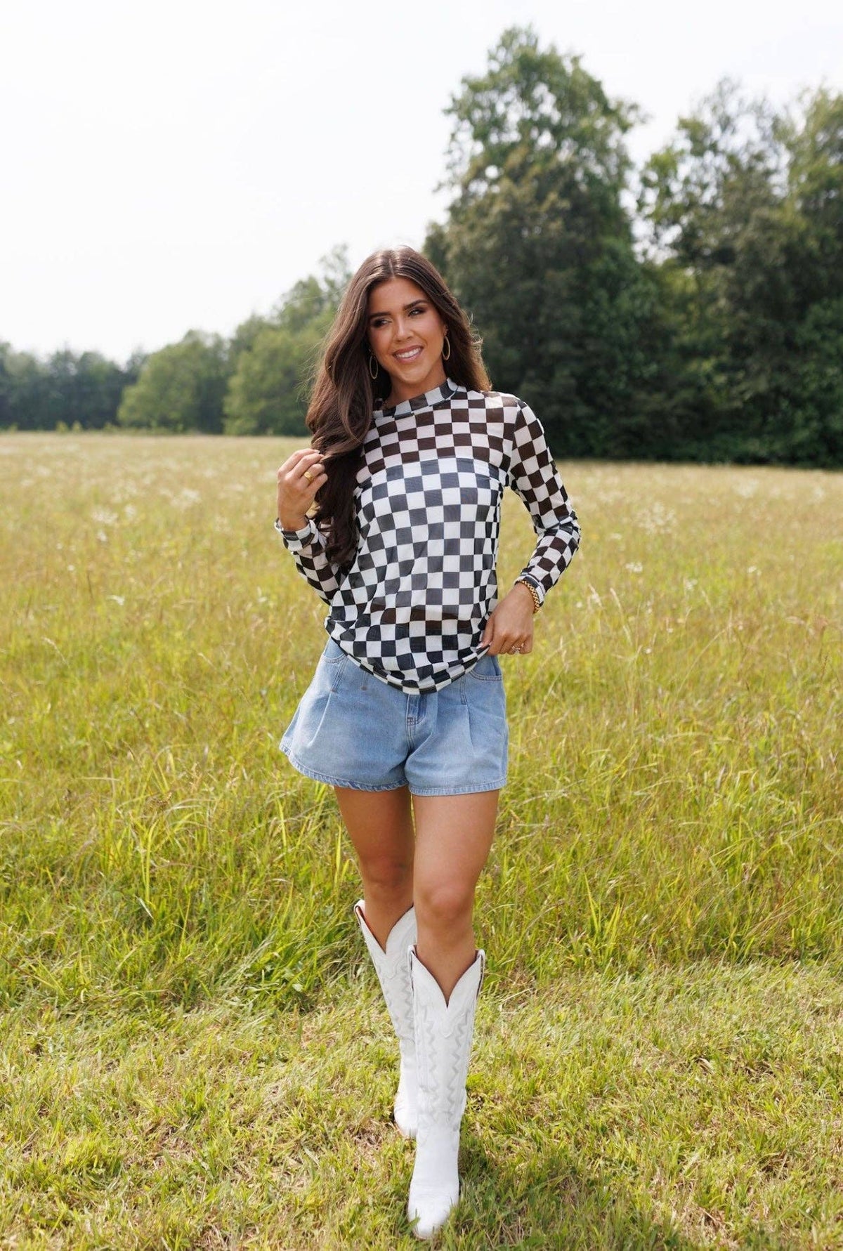 Black Checkerboard | Mesh | Mock Neck | Top